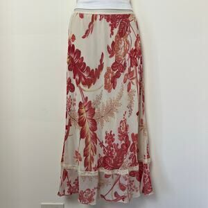 Jonathan Martin Floral Crochet Low Waist Midi Skirt Medium Red Ivory